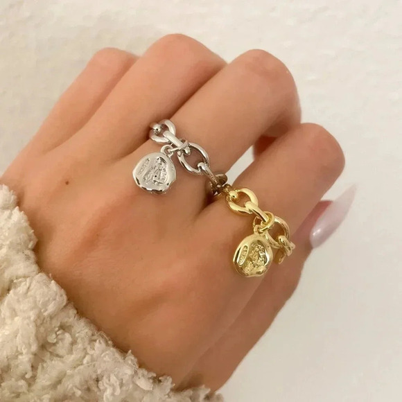 Jewelry - 925 Sterling Silver Curb Chain Ring Chunky Dangle Charm Ring Dainty Boho Ring